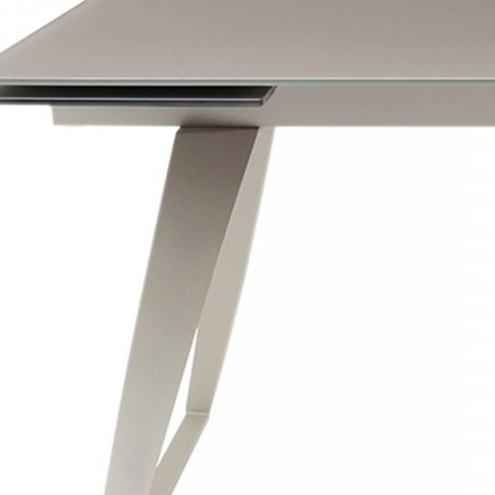 Gray Glass And Metal Self-Storing Leaf Sled Base Dining Table