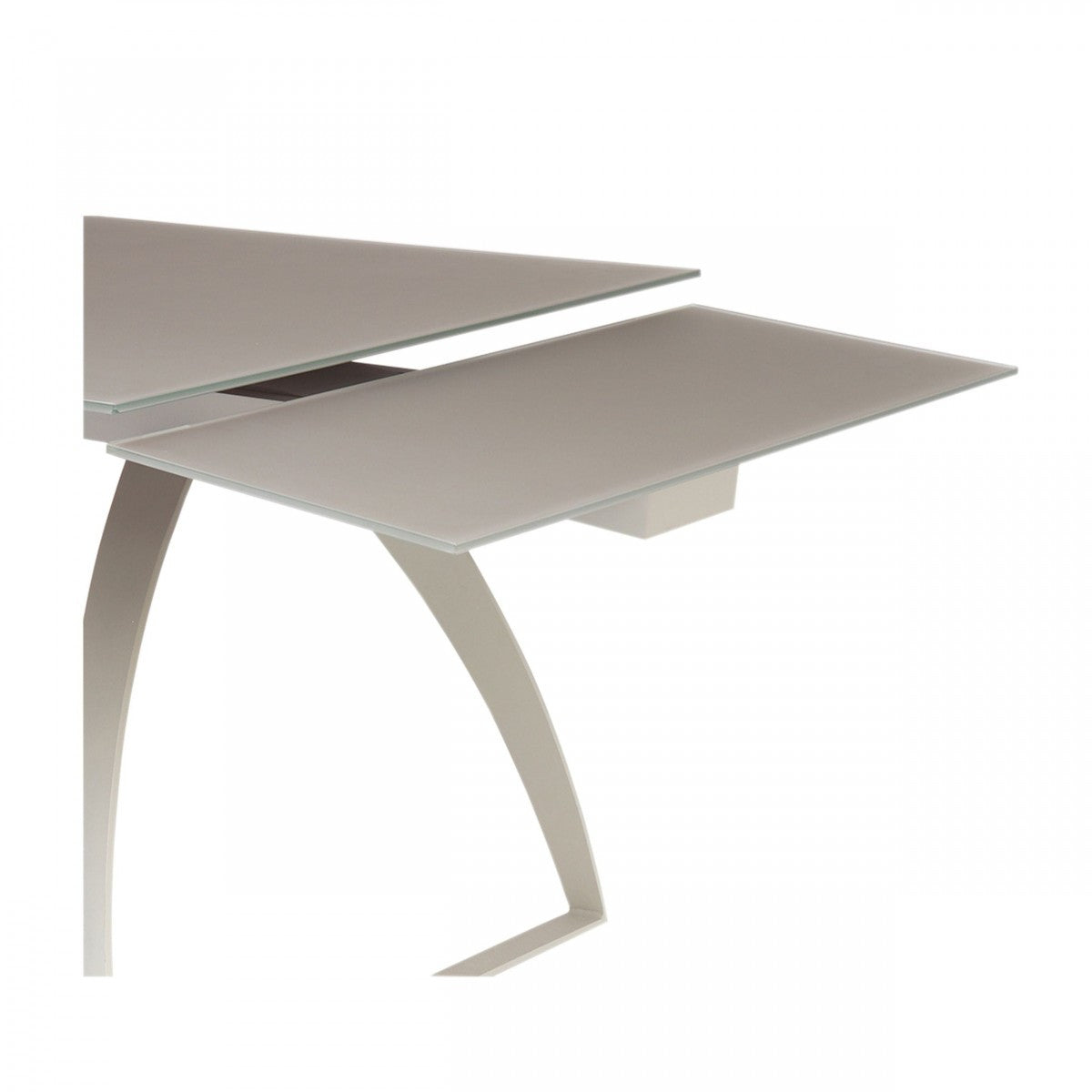 Gray Glass And Metal Self-Storing Leaf Sled Base Dining Table