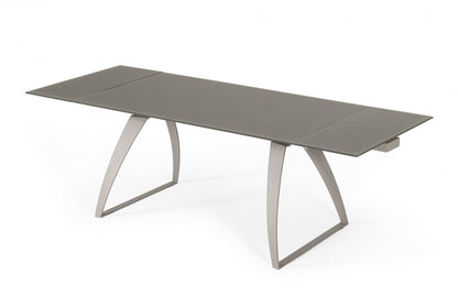 Gray Glass And Metal Self-Storing Leaf Sled Base Dining Table