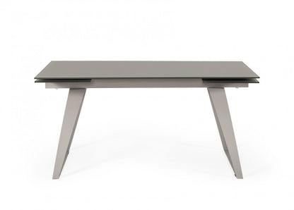 Gray Glass And Metal Self-Storing Leaf Sled Base Dining Table