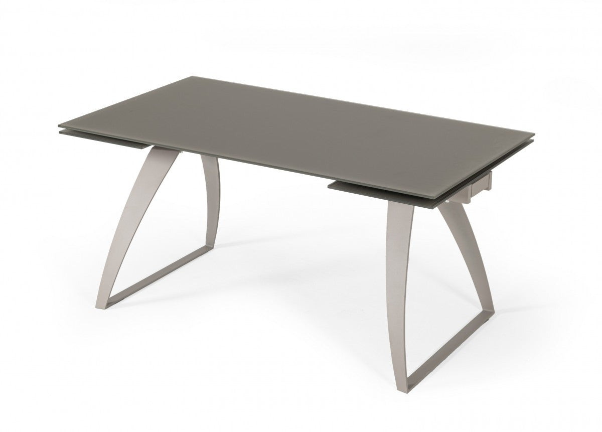Gray Glass And Metal Self-Storing Leaf Sled Base Dining Table