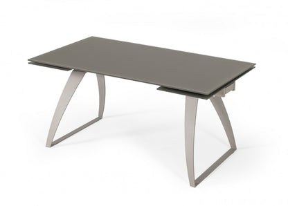 Gray Glass And Metal Self-Storing Leaf Sled Base Dining Table