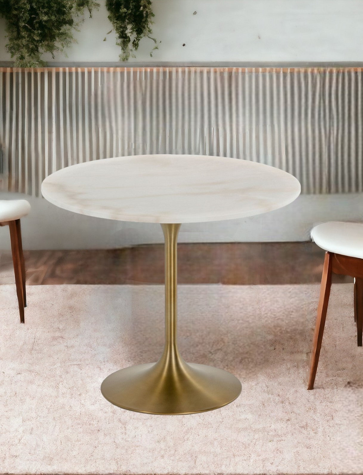 White And Gold Rounded Marble And Metal Dining Table