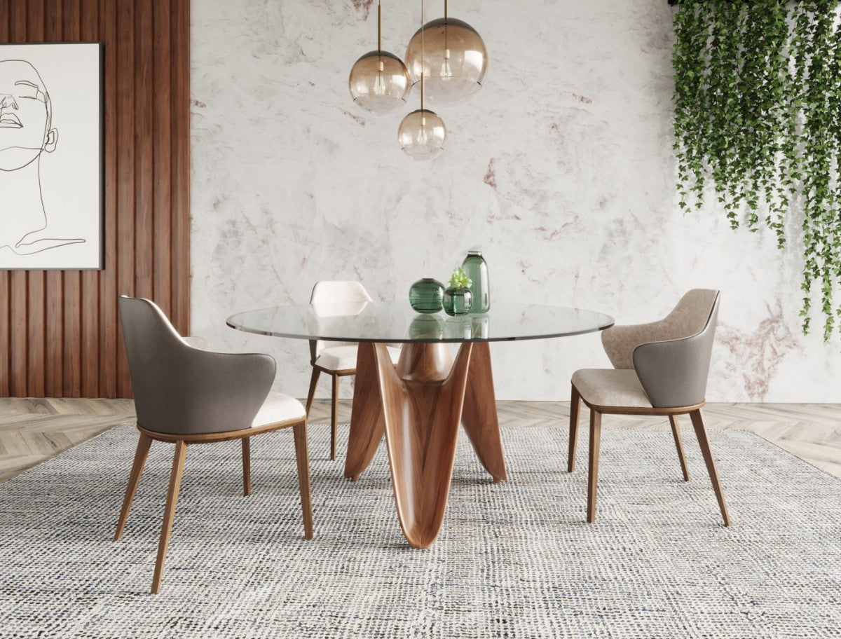 Clear And Brown Rounded Glass And Solid Manufactured Wood Pedestal Base Dining Table