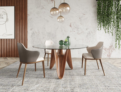 Clear And Brown Rounded Glass And Solid Manufactured Wood Pedestal Base Dining Table