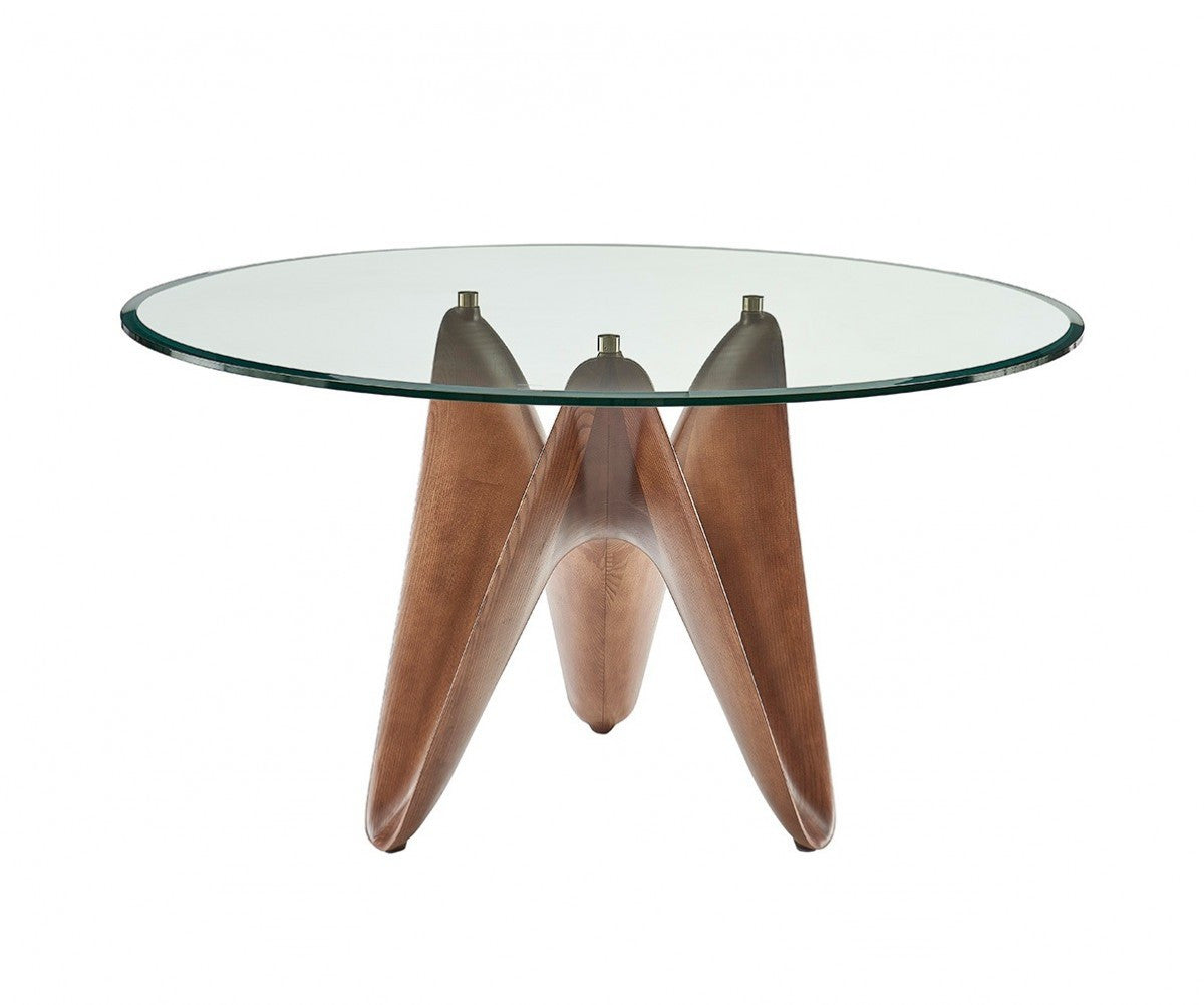 Clear And Brown Rounded Glass And Solid Manufactured Wood Pedestal Base Dining Table
