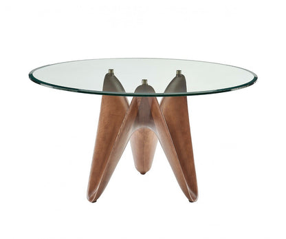 Clear And Brown Rounded Glass And Solid Manufactured Wood Pedestal Base Dining Table
