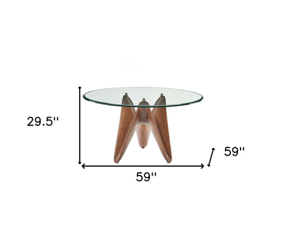 Clear And Brown Rounded Glass And Solid Manufactured Wood Pedestal Base Dining Table