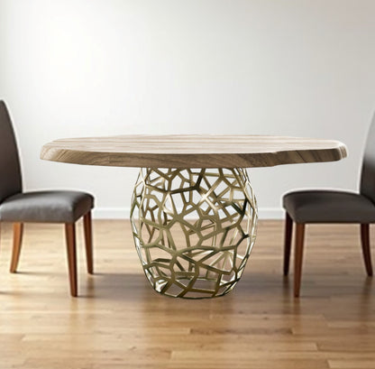 Acacia Live Edge Rounded Solid Wood And Brass Dining Table
