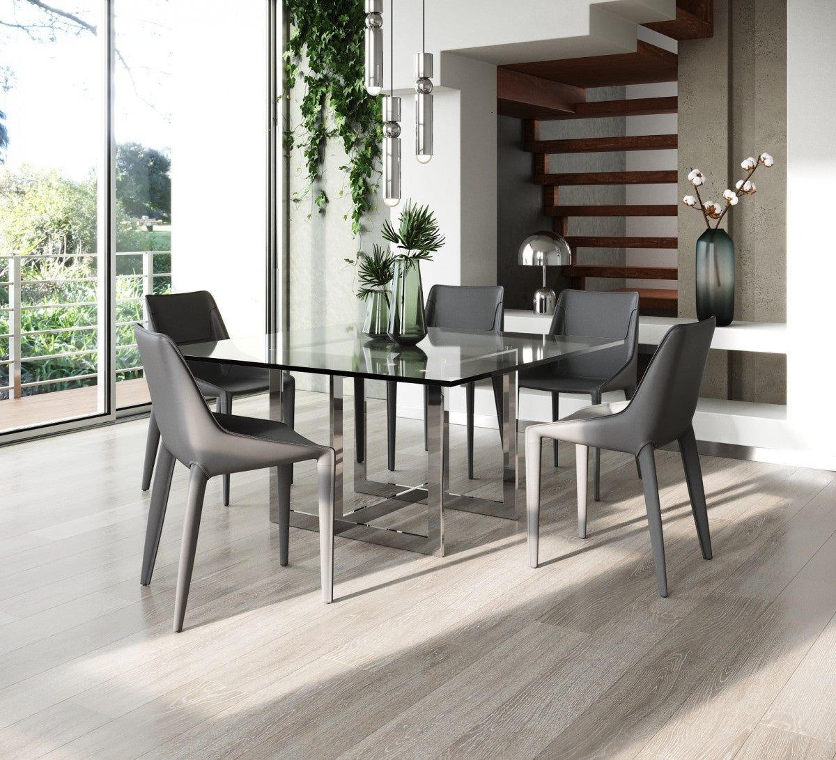 Clear And Gunmetal Square Glass And Stainless Steel Pedestal Base Dining Table
