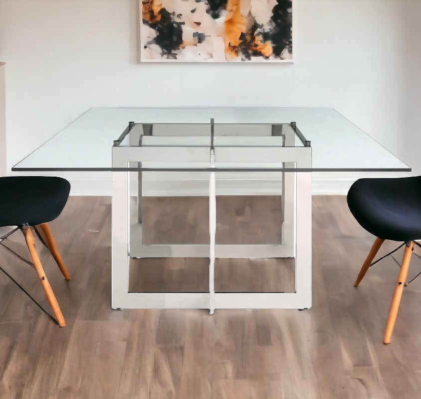 Clear And Gunmetal Square Glass And Stainless Steel Pedestal Base Dining Table