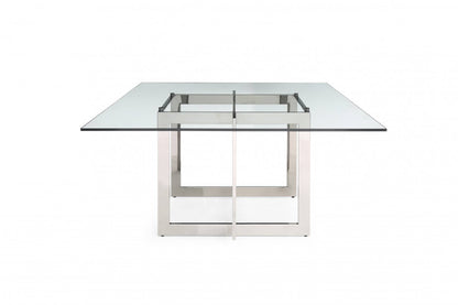 Clear And Gunmetal Square Glass And Stainless Steel Pedestal Base Dining Table