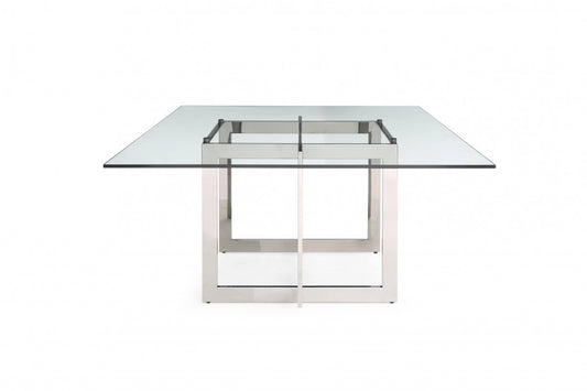 Clear And Gunmetal Square Glass And Stainless Steel Pedestal Base Dining Table