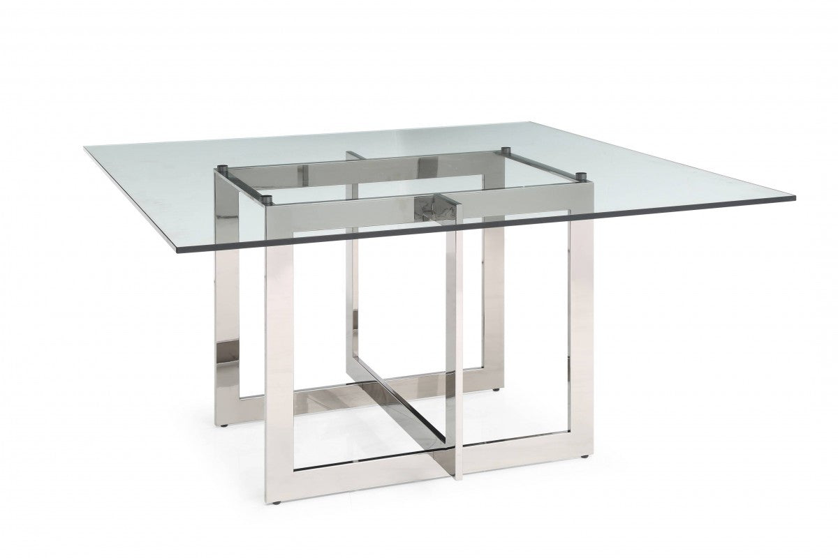 Clear And Gunmetal Square Glass And Stainless Steel Pedestal Base Dining Table