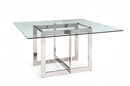 Clear And Gunmetal Square Glass And Stainless Steel Pedestal Base Dining Table