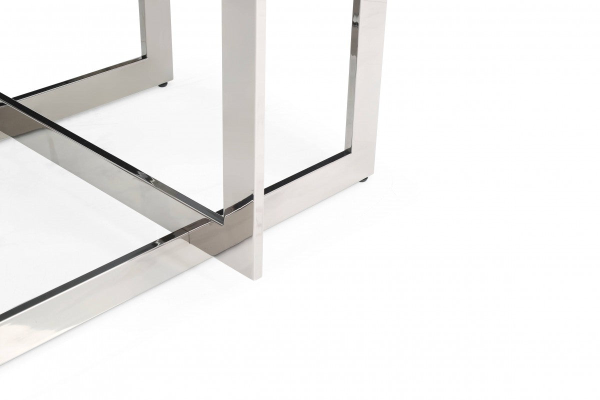 Clear And Gunmetal Square Glass And Stainless Steel Pedestal Base Dining Table