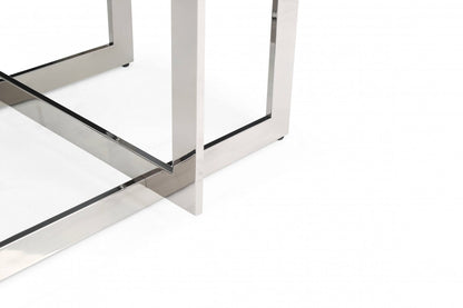 Clear And Gunmetal Square Glass And Stainless Steel Pedestal Base Dining Table