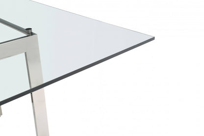 Clear And Gunmetal Square Glass And Stainless Steel Pedestal Base Dining Table