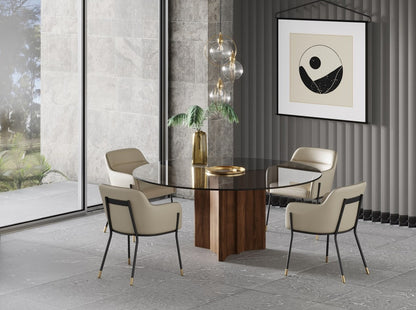 Smoky Black And Brown Rounded Glass And Solid Manufactured Wood Pedestal Base Dining Table