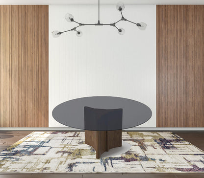 Smoky Black And Brown Rounded Glass And Solid Manufactured Wood Pedestal Base Dining Table