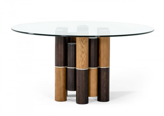 Clear And Walnut Rounded Glass And Solid Manufactured Wood Dining Table