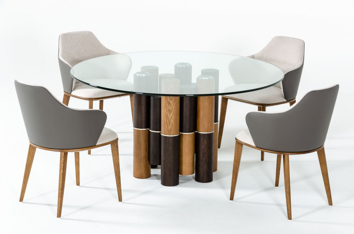 Clear And Walnut Rounded Glass And Solid Manufactured Wood Dining Table