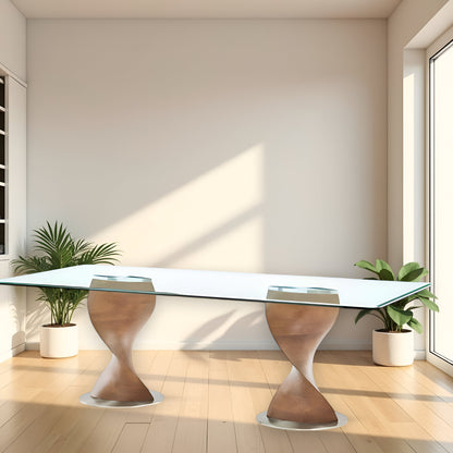Clear And Brown Glass And Solid Wood Double Pedestal Base Dining Table