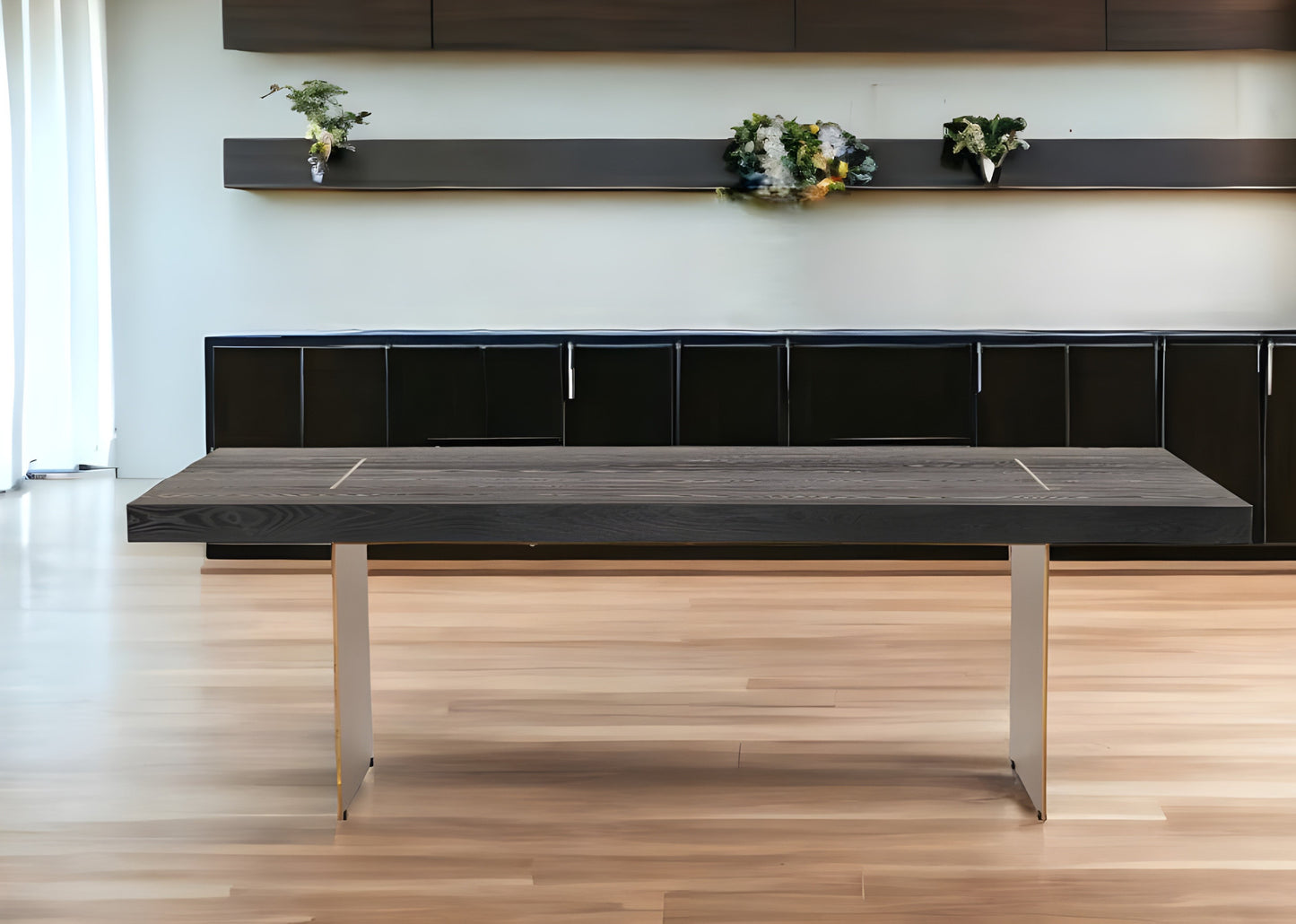 Dark Brown And Brass Metal Sled Base Dining Table
