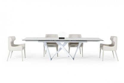 White Rectangular Ceramic And Metal Self-Storing Leaf Dining Table