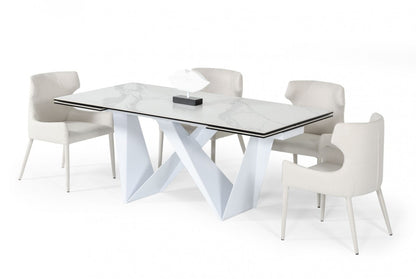 White Rectangular Ceramic And Metal Self-Storing Leaf Dining Table