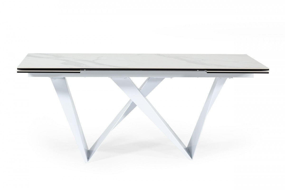 White Rectangular Ceramic And Metal Self-Storing Leaf Dining Table