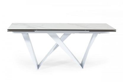 White Rectangular Ceramic And Metal Self-Storing Leaf Dining Table