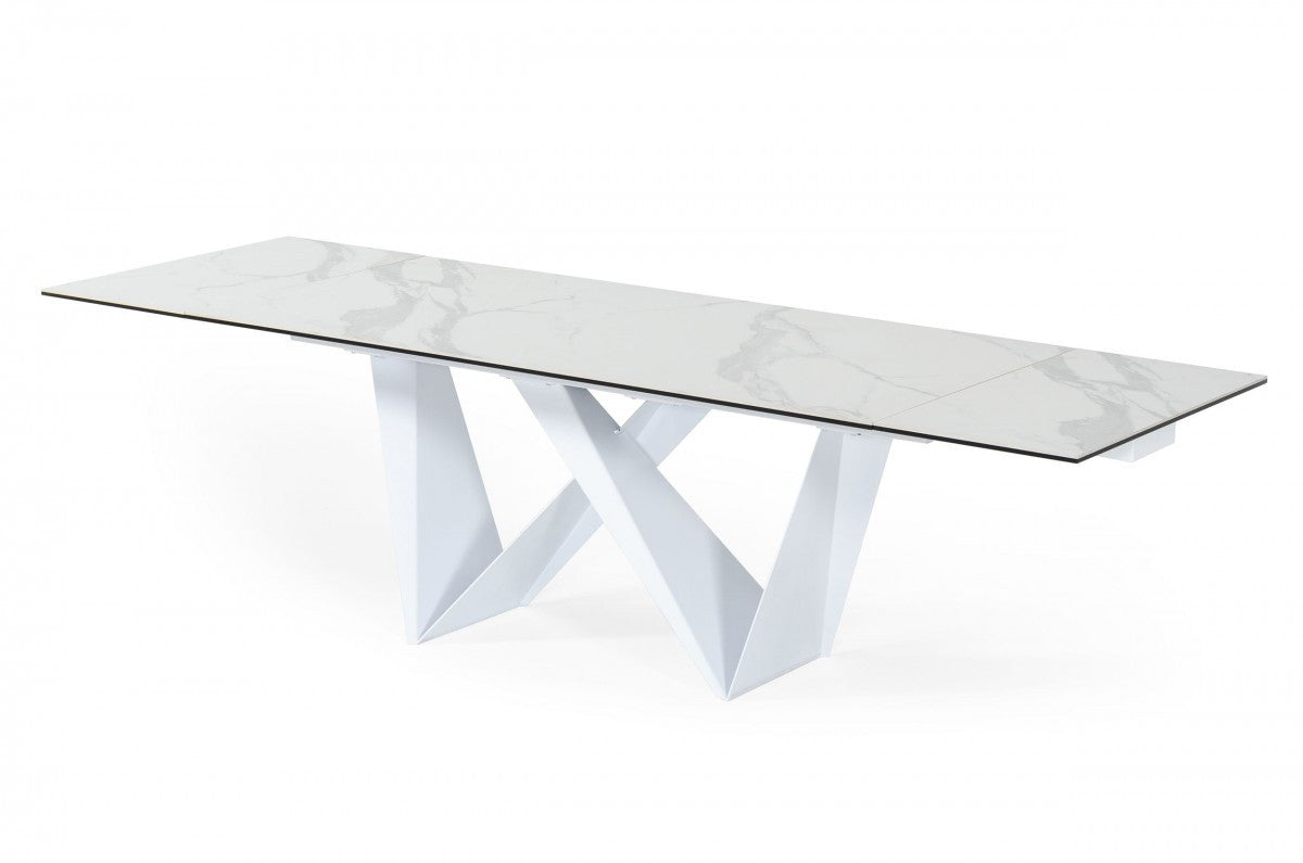 White Rectangular Ceramic And Metal Self-Storing Leaf Dining Table