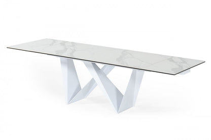 White Rectangular Ceramic And Metal Self-Storing Leaf Dining Table