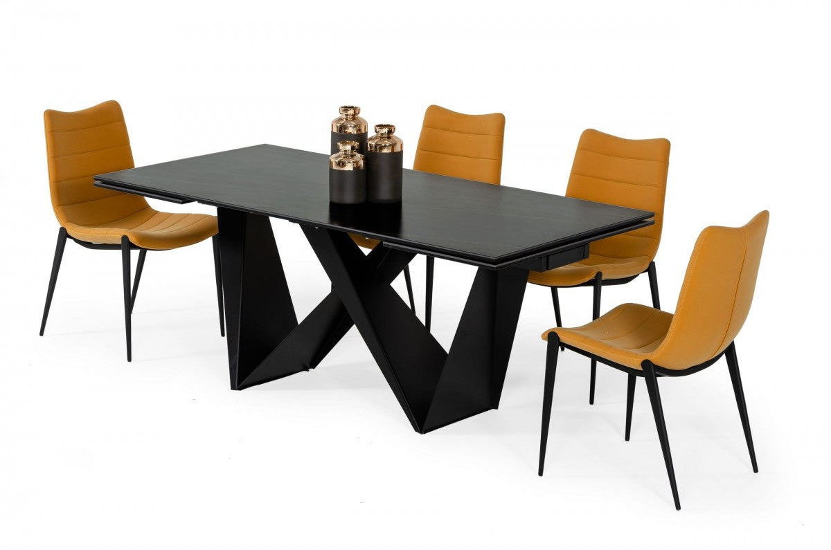 Black Rectangular Ceramic And Metal Self-Storing Leaf Dining Table
