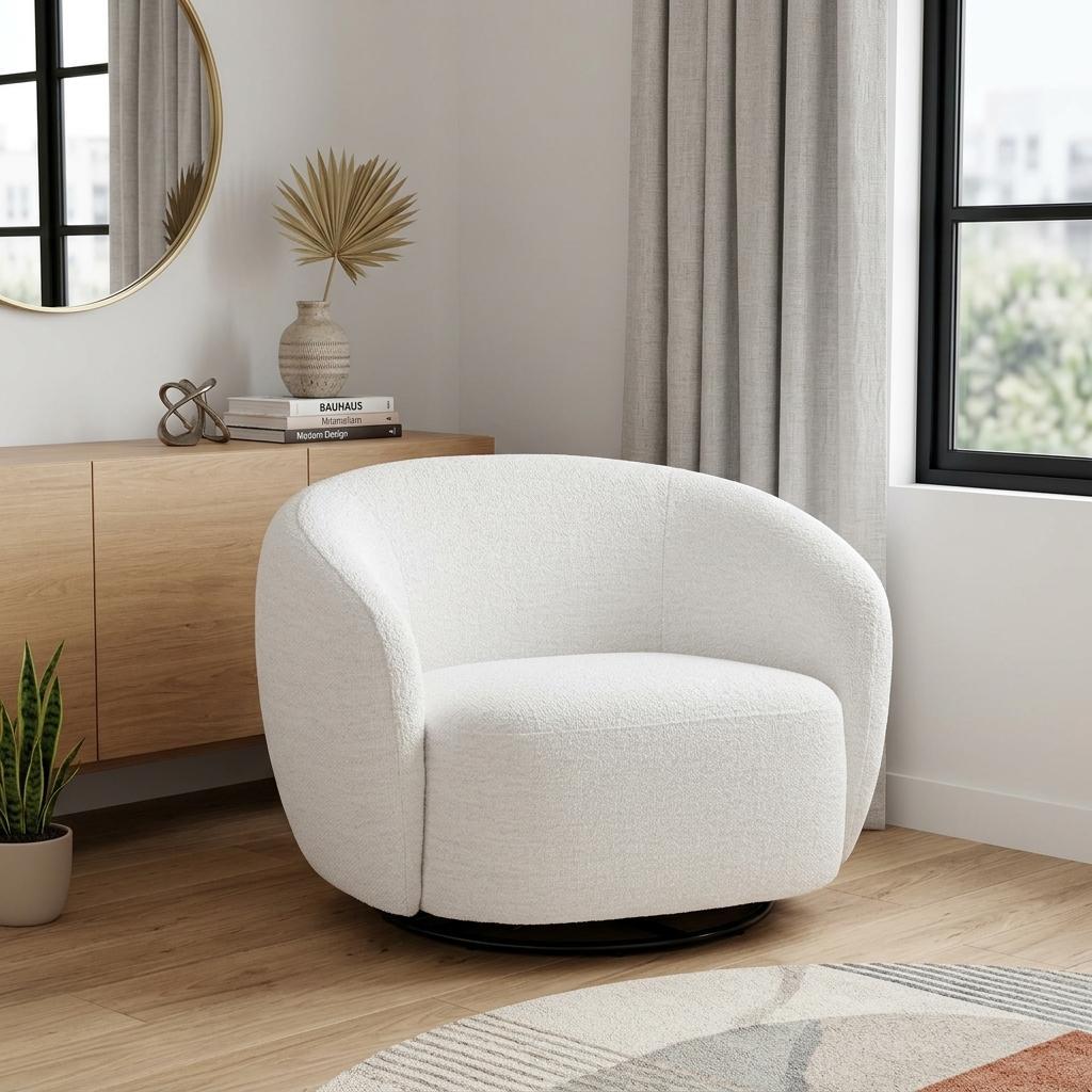Off White & Black Upholstered Swivel Barrel Chair