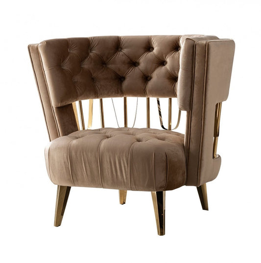 Beige & Gold Velvet Barrel Chair