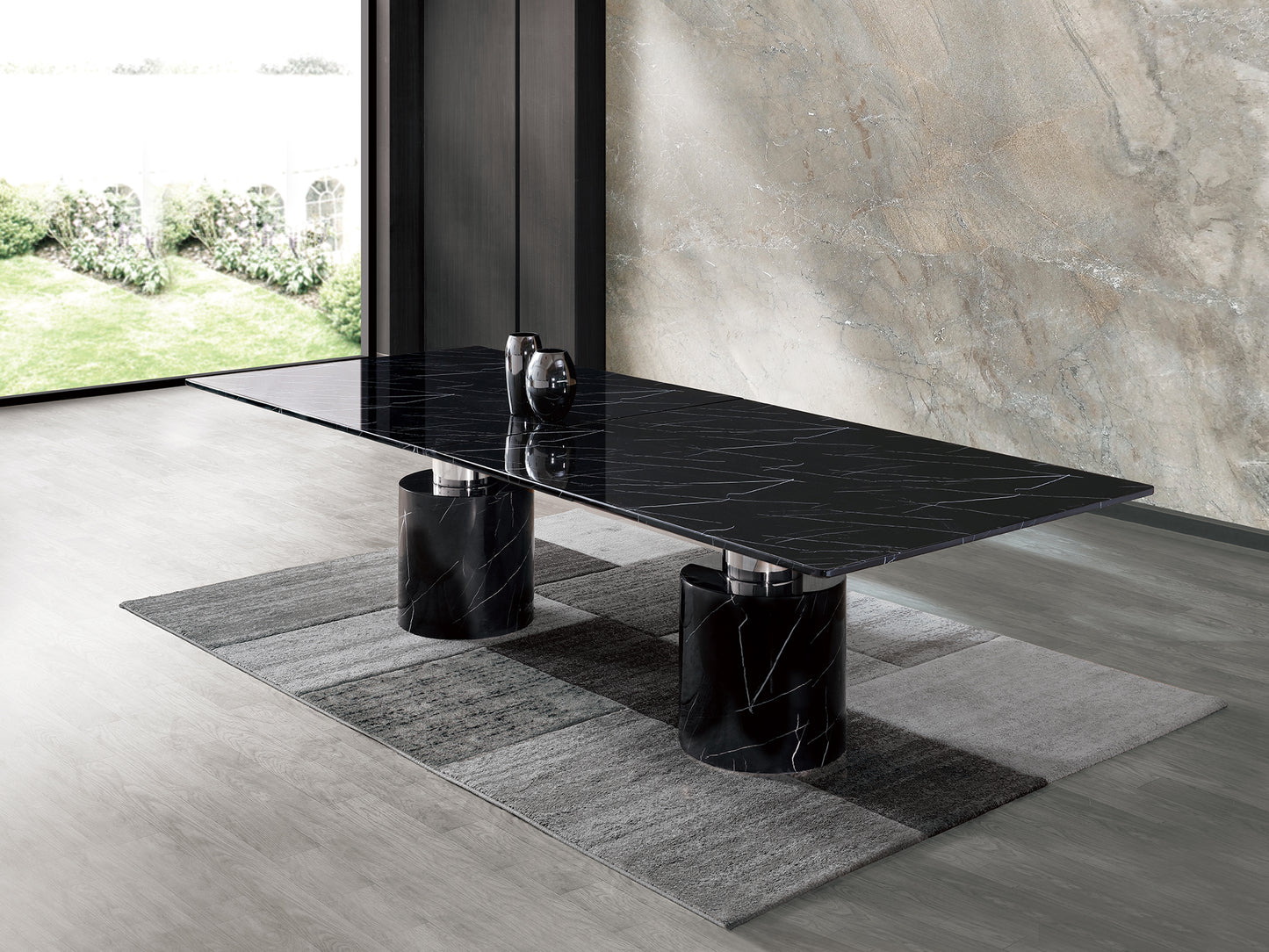 Black Marble Double Pedestal Base Dining Table