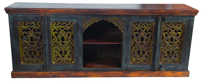 Brown Gray & Green Solid Wood Sideboard Table w/ 2 Doors