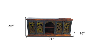 Brown Gray & Green Solid Wood Sideboard Table w/ 2 Doors