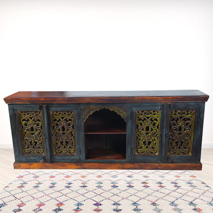 Brown Gray & Green Solid Wood Sideboard Table w/ 2 Doors