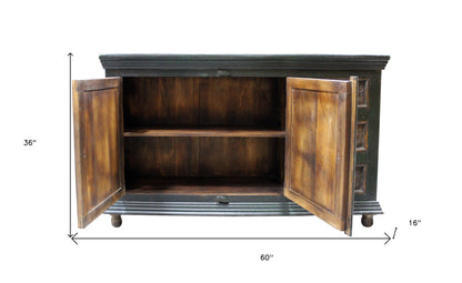 Dark Brown & Green Solid Wood 3 Drawer Sideboard Table w/ 2 Doors