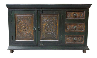 Dark Brown & Green Solid Wood 3 Drawer Sideboard Table w/ 2 Doors