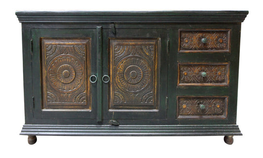 Dark Brown & Green Solid Wood 3 Drawer Sideboard Table w/ 2 Doors