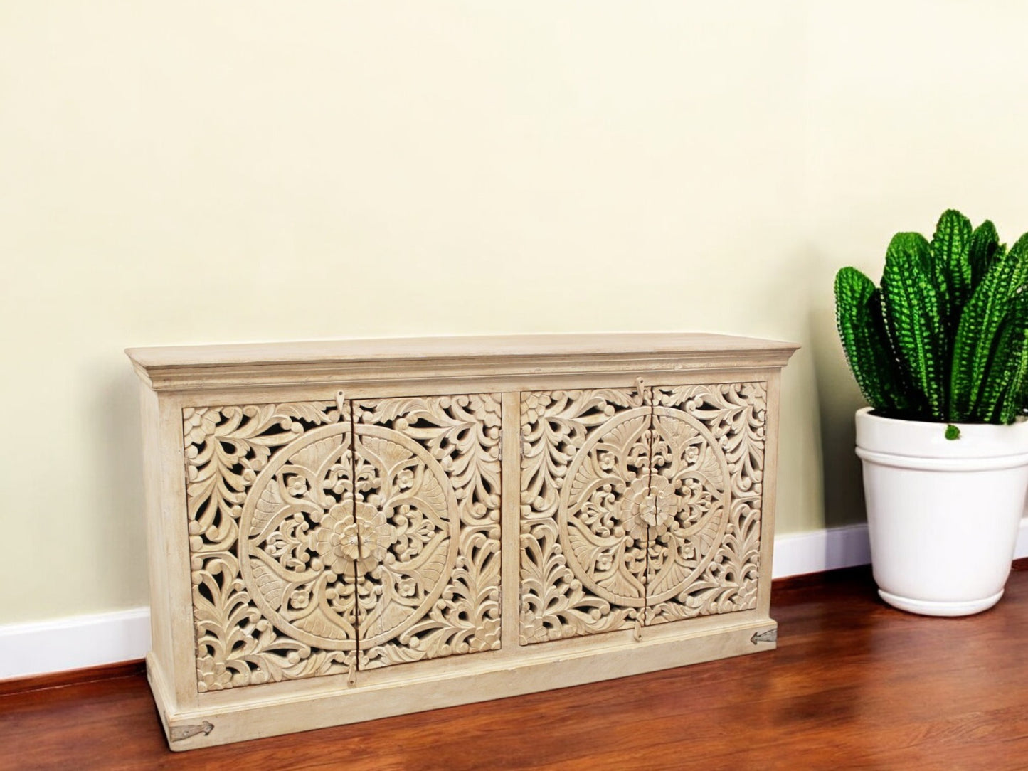 Beige Solid Wood Sideboard w/ 4 Doors