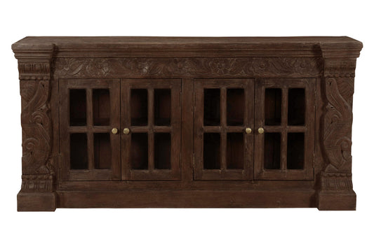 Brown Solid Wood Sideboard w/ 4 Glass Doors