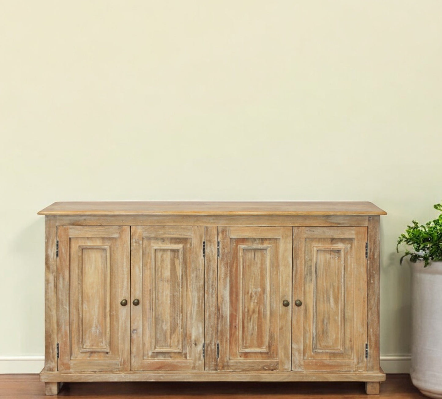 Distressed Natural Solid Wood Sideboard w/ 4 Doors