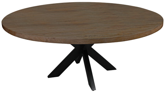 Natural And Black Rounded Solid Wood And Iron Pedestal Base Dining Table