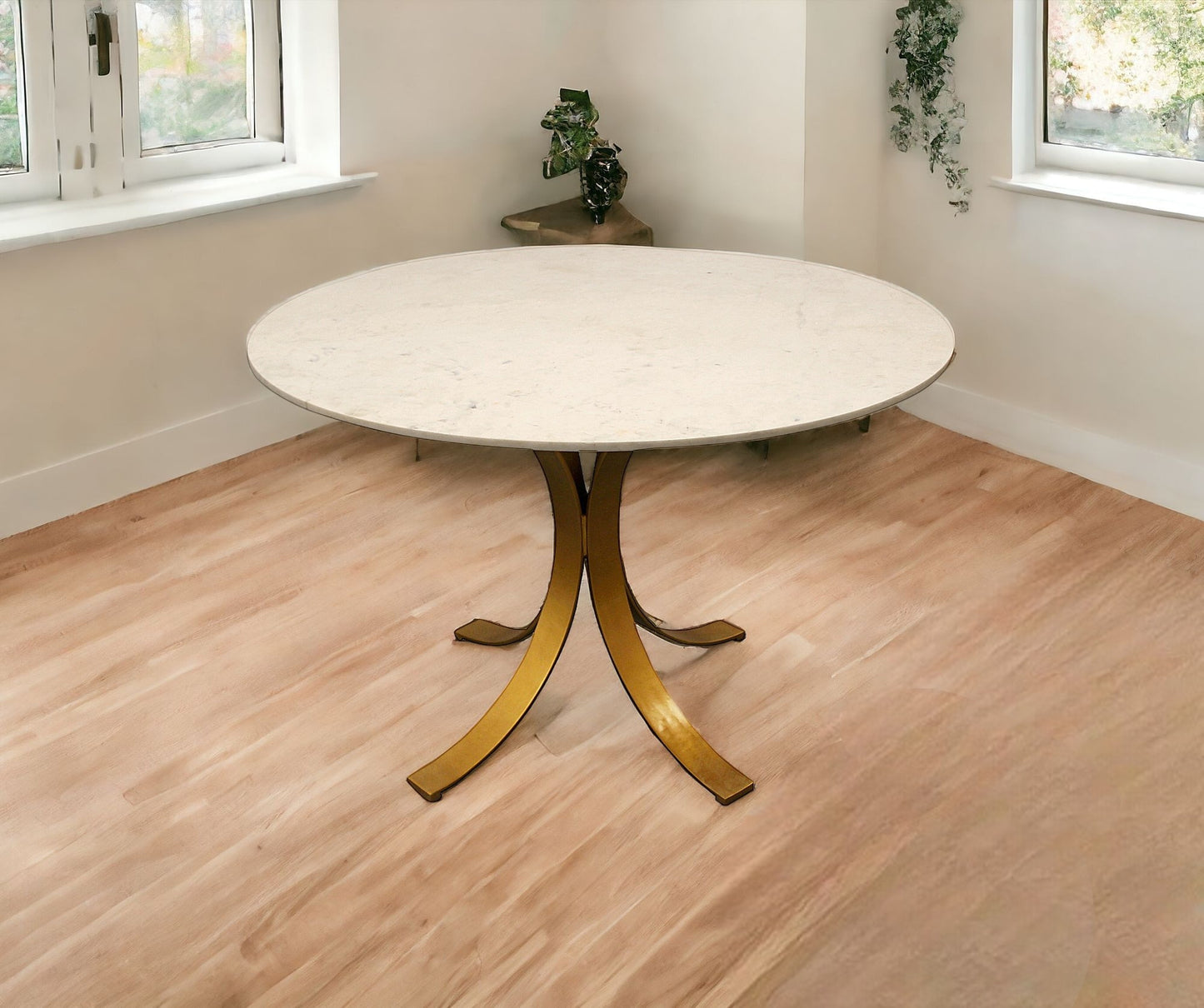 Ivory And Brass Rounded Marble And Iron Pedestal Base Dining Table