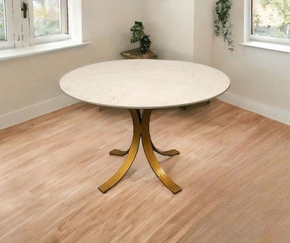 Ivory And Brass Rounded Marble And Iron Pedestal Base Dining Table